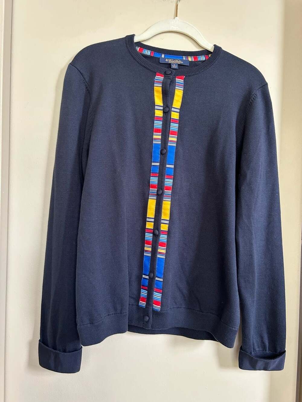 Brooks Brothers Women's Navy Supima Cotton Cardigan with Multi-Stripe Trim